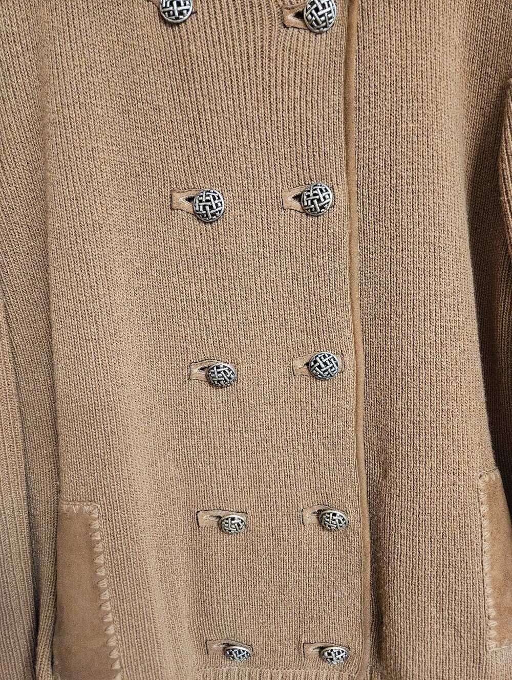 St. John Cashmere Wool Double Breasted Knit Sweater Cardigan Suede Large Tan - Picture 8 of 9